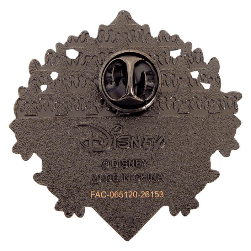 Back of Loungefly Disney Villains mystery enamel pin with Disney branding
