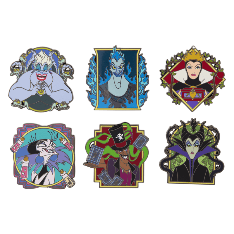 Six Loungefly Disney Villains mystery pins including Ursula Hades Maleficent and Evil Queen