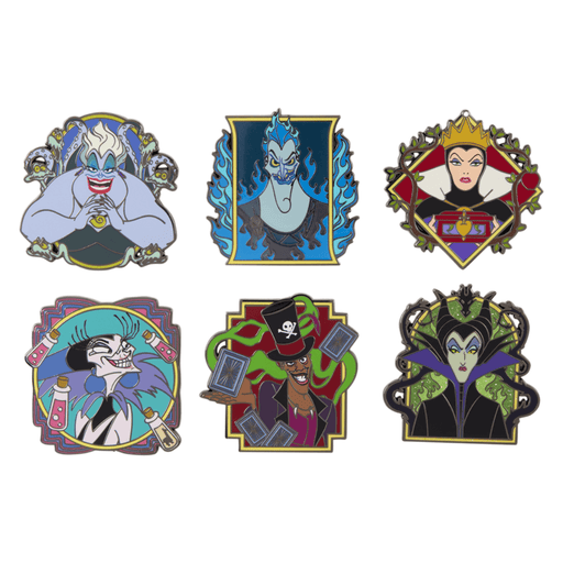 Six Loungefly Disney Villains mystery pins including Ursula Hades Maleficent and Evil Queen