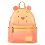 Front view of Loungefly Disney Winnie the Pooh glitter mini backpack with Pooh face and sequin ears