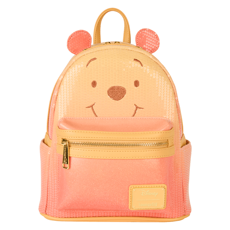Front view of Loungefly Disney Winnie the Pooh glitter mini backpack with Pooh face and sequin ears