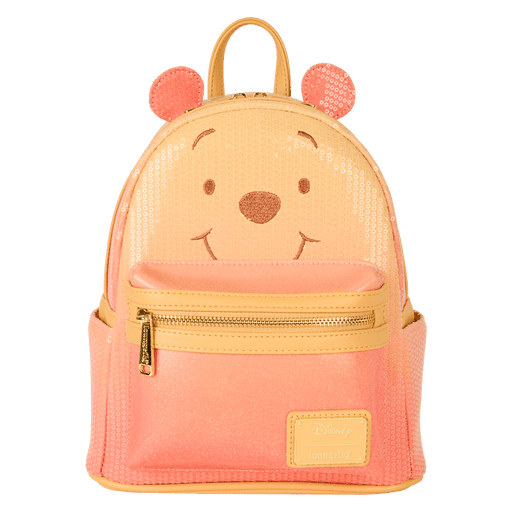 Front view of Loungefly Disney Winnie the Pooh glitter mini backpack with Pooh face and sequin ears