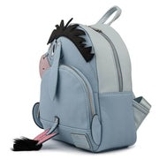 Loungefly Disney Winnie the Pooh Eeyore cosplay mini backpack angled front view with plush ears and tail