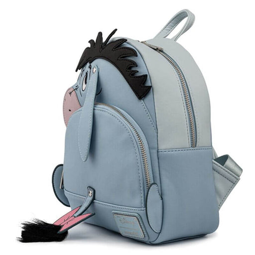 Loungefly Disney Winnie the Pooh Eeyore cosplay mini backpack angled front view with plush ears and tail