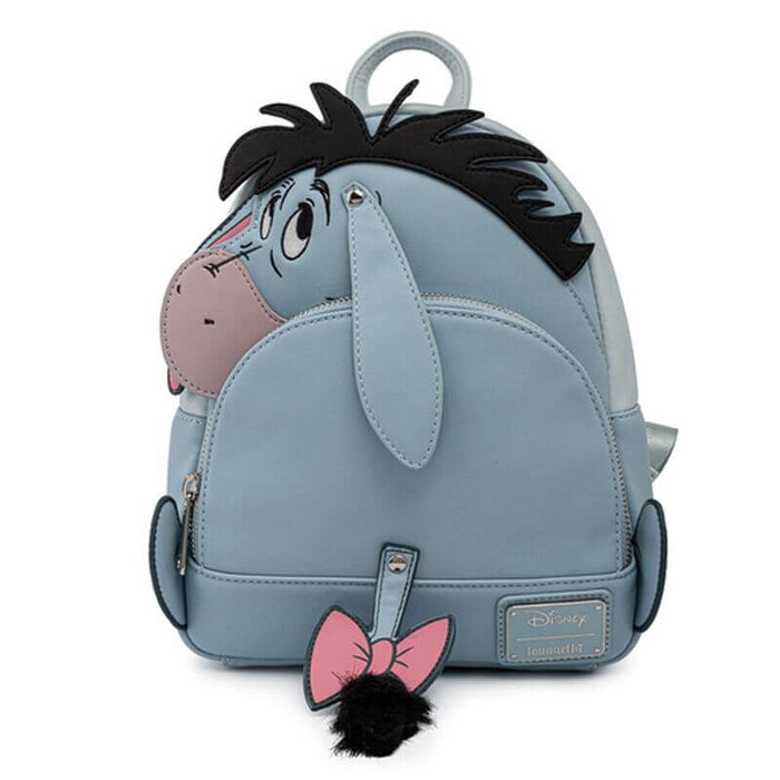 Front of Loungefly Disney Winnie the Pooh Eeyore cosplay mini backpack with applique face and plush tail