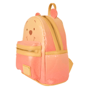 Side view of Loungefly Disney Winnie the Pooh glitter mini backpack showing sequin panels and gold zip