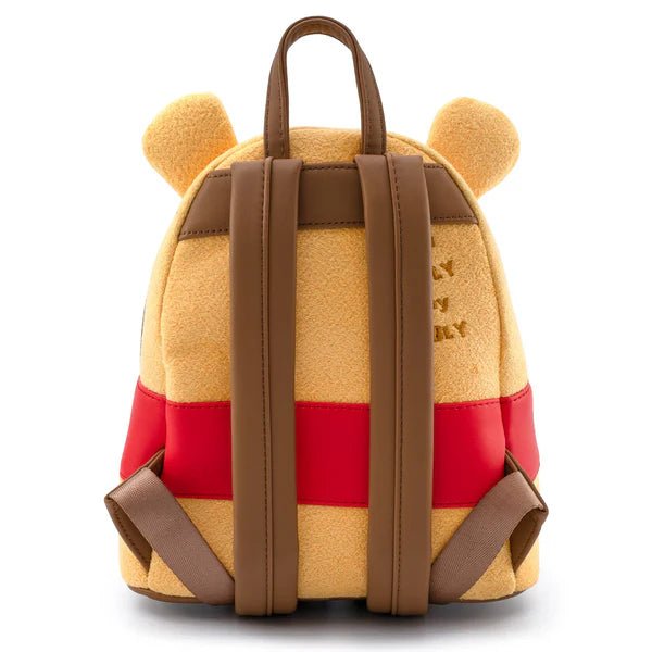 Back of Loungefly Pooh Hunny Tummy mini backpack with brown straps and red waistband detail
