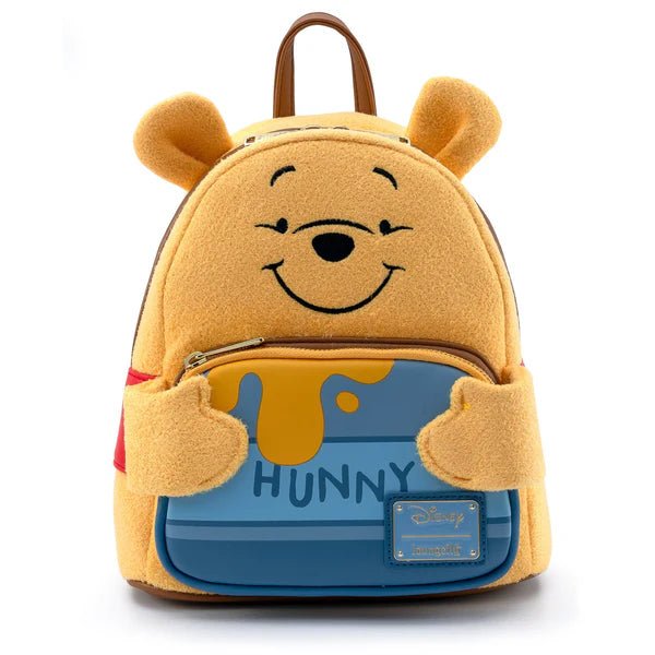 Front of Loungefly Winnie the Pooh Hunny Tummy mini backpack with fuzzy plush fabric, ears and blue honey pot pocket
