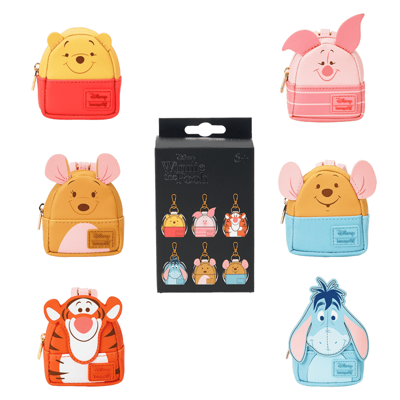 Loungefly Disney Winnie the Pooh mystery box mini backpack bag charm collection with box, featuring Pooh, Piglet, Tigger, Eeyore, Kanga and Roo