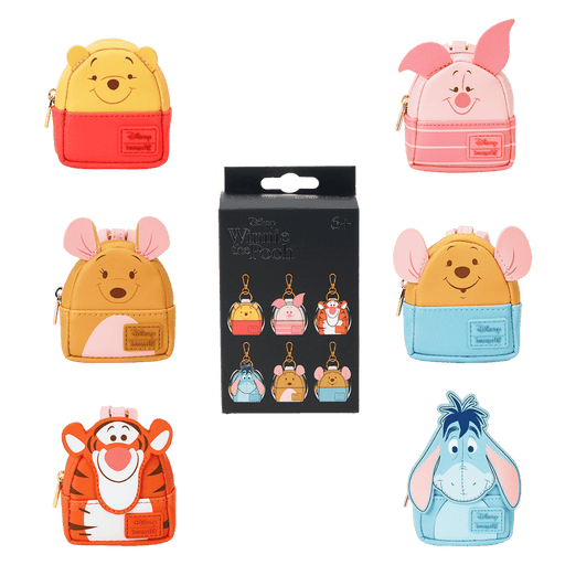 Loungefly Disney Winnie the Pooh mystery box mini backpack bag charm collection with box, featuring Pooh, Piglet, Tigger, Eeyore, Kanga and Roo