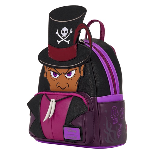 Angled view of the Loungefly Dr. Facilier Mini Backpack with dimensional top hat