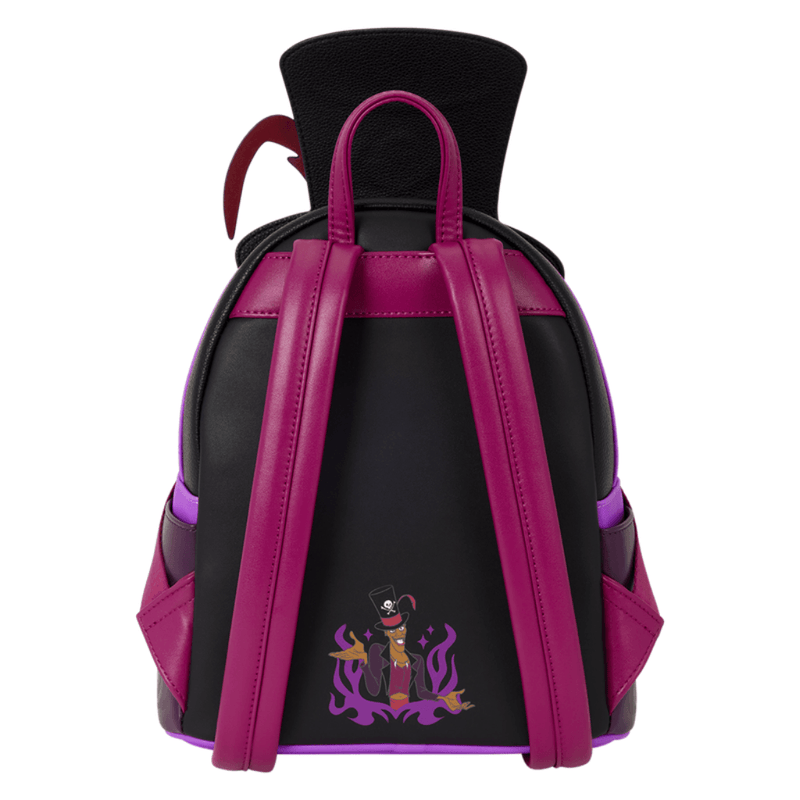 Back of the Loungefly Dr. Facilier Cosplay Mini Backpack with character artwork and purple straps