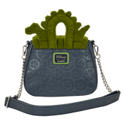 Back view of the Loungefly Edward Scissorhands crossbody bag showing the adjustable strap, chain details and embossed gear pattern with Loungefly badge.