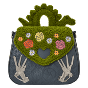 Front view of the Loungefly Edward Scissorhands crossbody bag with green textured flap, embroidered flowers, heart cut-out and silver scissorhand accents.