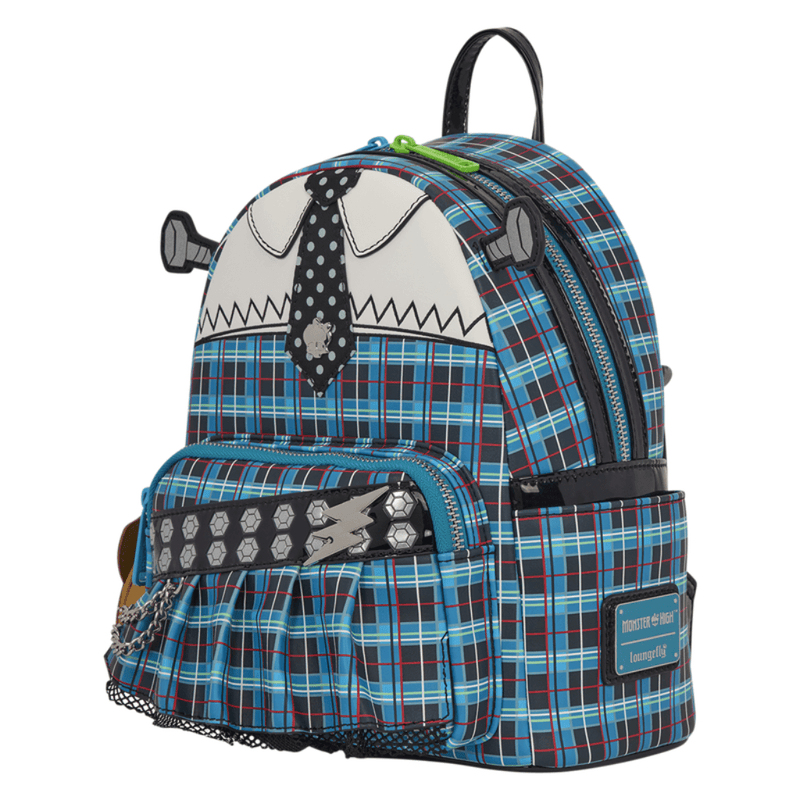 Angled view of Loungefly Frankie Stein Cosplay Mini Backpack with plaid design chain and lightning details