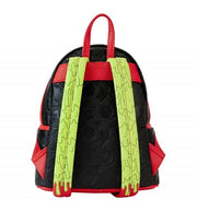 Back of Loungefly Ghostbusters mini backpack showing slime-green printed straps, red handle and black embossed body