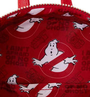 Red lining inside the Loungefly Ghostbusters backpack with No Ghost logos, gadgets and I ain’t afraid of no ghost text