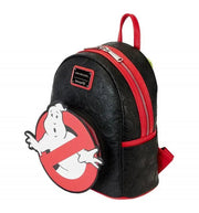 Angled view of Loungefly Ghostbusters backpack with No Ghost front pocket, red zips and piping on embossed faux leather