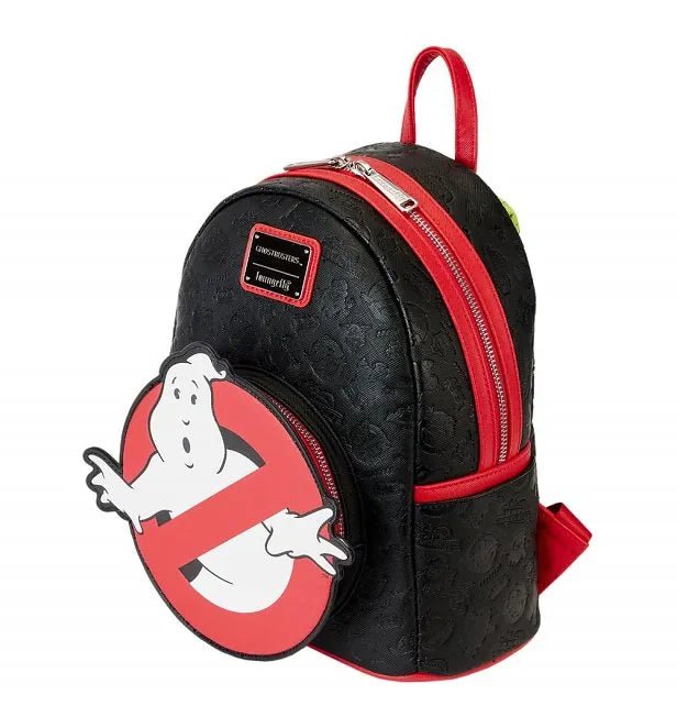 Angled view of Loungefly Ghostbusters backpack with No Ghost front pocket, red zips and piping on embossed faux leather