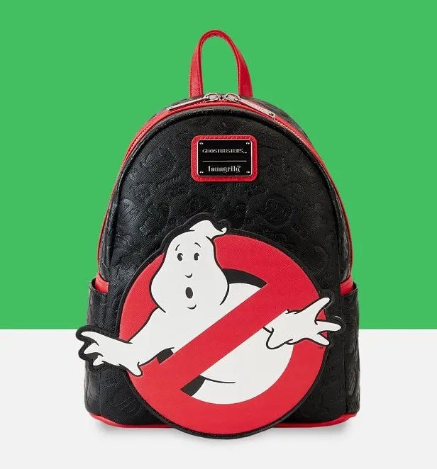 Front view of Loungefly Ghostbusters mini backpack with oversized No Ghost logo applique on black embossed faux leather with red trims