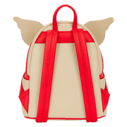 Back view of the Loungefly Gizmo mini backpack showing red straps and side pockets with ear panels.