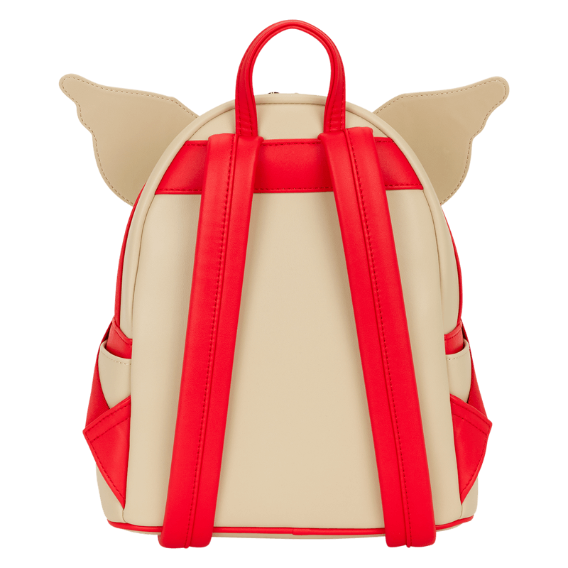 Back view of the Loungefly Gizmo mini backpack showing red straps and side pockets with ear panels.