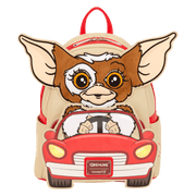 Front view of Loungefly Gremlins Gizmo mini backpack with applique car pocket and plush 3D ears.