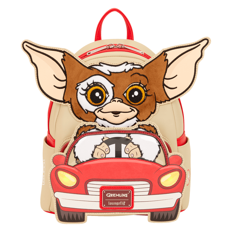 Front view of Loungefly Gremlins Gizmo mini backpack with applique car pocket and plush 3D ears.