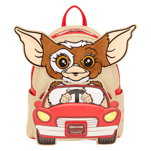 Front view of Loungefly Gremlins Gizmo mini backpack with applique car pocket and plush 3D ears.