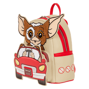 Loungefly Gremlins Gizmo mini backpack in beige with red car front pocket and 3D ears, three-quarter front view.