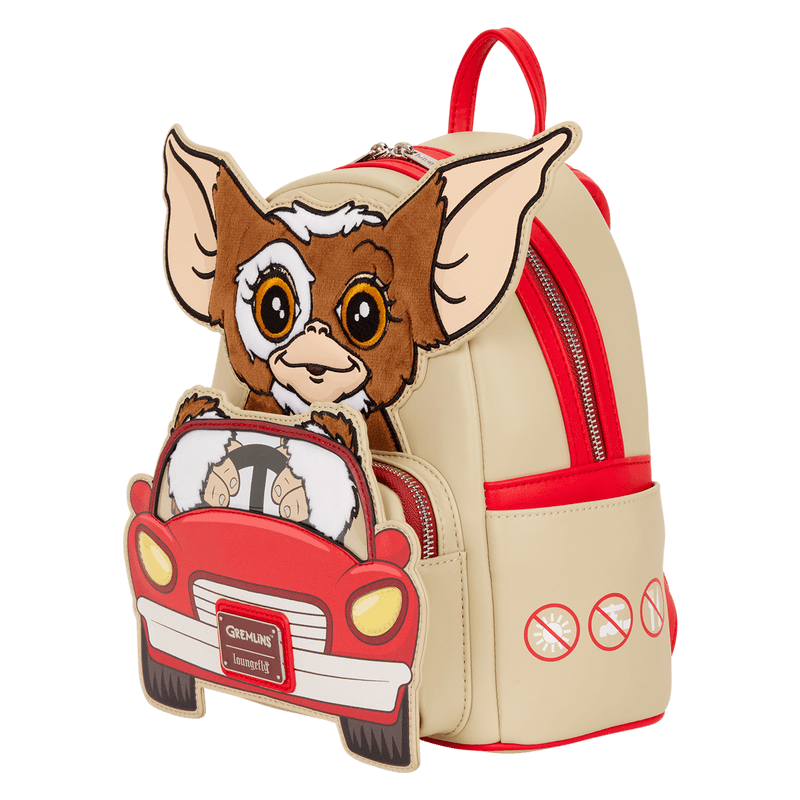 Loungefly Gremlins Gizmo mini backpack in beige with red car front pocket and 3D ears, three-quarter front view.