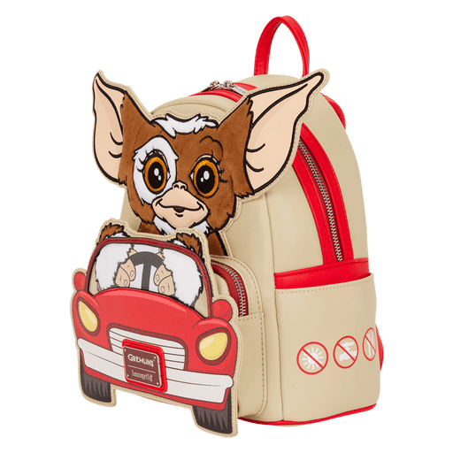 Loungefly Gremlins Gizmo mini backpack in beige with red car front pocket and 3D ears, three-quarter front view.