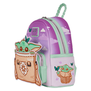 Loungefly Star Wars Grogu mini backpack, right-side angle with side pocket art of Grogu and butterflies