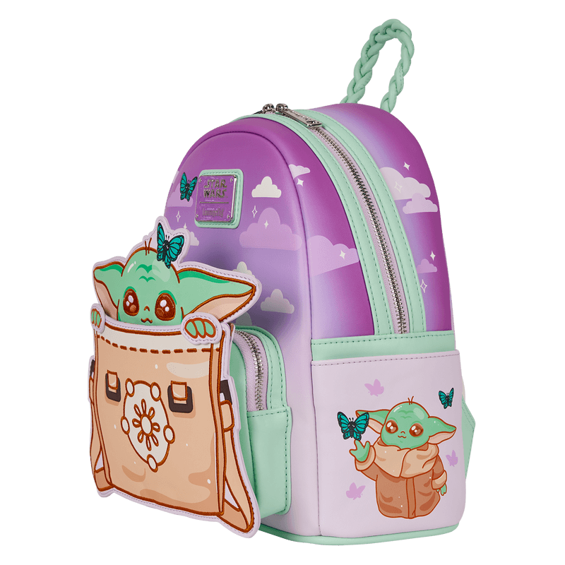 Loungefly Star Wars Grogu mini backpack, right-side angle with side pocket art of Grogu and butterflies