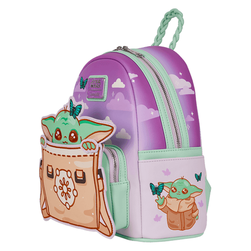 Loungefly Star Wars Grogu mini backpack, right-side angle with side pocket art of Grogu and butterflies