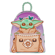 Loungefly Grogu mini backpack showing full Grogu applique with butterflies on a pastel cloud backdrop