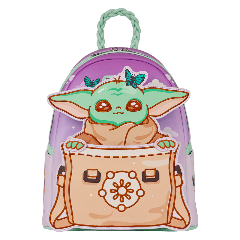 Loungefly Grogu mini backpack showing full Grogu applique with butterflies on a pastel cloud backdrop