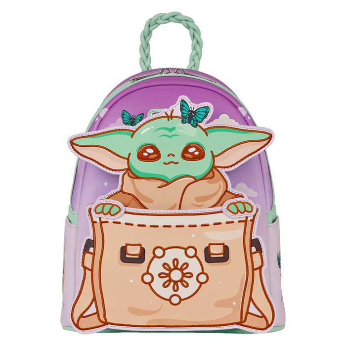 Loungefly Grogu mini backpack showing full Grogu applique with butterflies on a pastel cloud backdrop