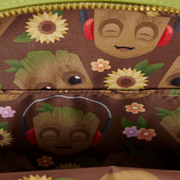 Interior lining of Loungefly Groot Spring Blooms Crossbody Bag with Groot character illustrations, headphones, sunflowers and colourful flowers