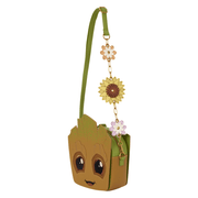 Loungefly Groot Crossbody Bag with adjustable green shoulder strap and decorative sunflower and daisy chain