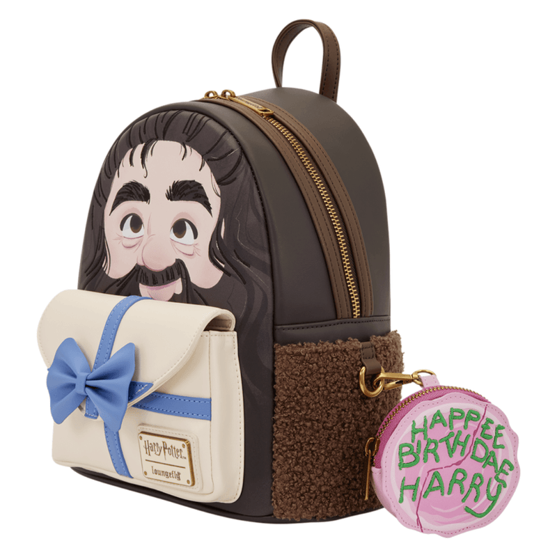 Angled view of Loungefly Hagrid Birthday Cake Mini Backpack with sherpa trim and cake coin bag