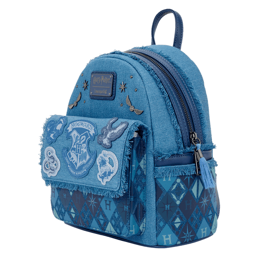 Angled view of Loungefly Harry Potter denim mini backpack showing front pocket, side pockets and patches.