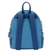 Back of Loungefly Harry Potter denim mini backpack with padded blue straps and top handle.