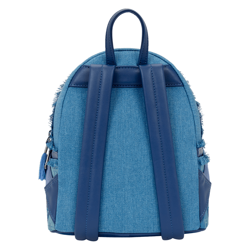 Back of Loungefly Harry Potter denim mini backpack with padded blue straps and top handle.