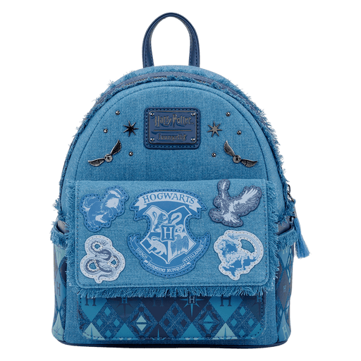 Front view of Loungefly Harry Potter denim mini backpack with Hogwarts crest pocket, house patches and studs.