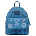 Front view of Loungefly Harry Potter denim mini backpack with Hogwarts crest pocket, house patches and studs.