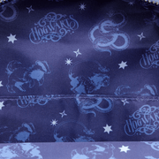 Close-up of navy Hogwarts print lining with house mascots and stars inside the Loungefly denim mini backpack.