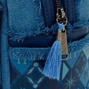 Zip pull detail with blue tassel and frayed denim trim on the Loungefly Harry Potter mini backpack.