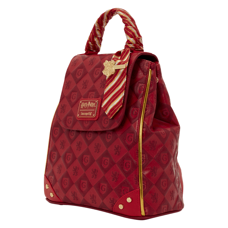 Loungefly Harry Potter Gryffindor mini backpack side view with striped tie detail