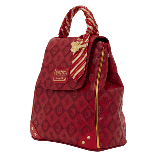 Loungefly Harry Potter Gryffindor mini backpack side view with striped tie detail